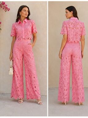 Commense Cutout Lace Wide-Leg Pant Set